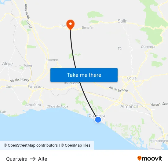 Quarteira to Alte map