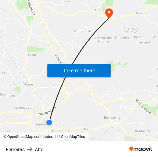 Ferreiras to Alte map