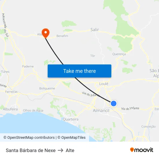 Santa Bárbara de Nexe to Alte map