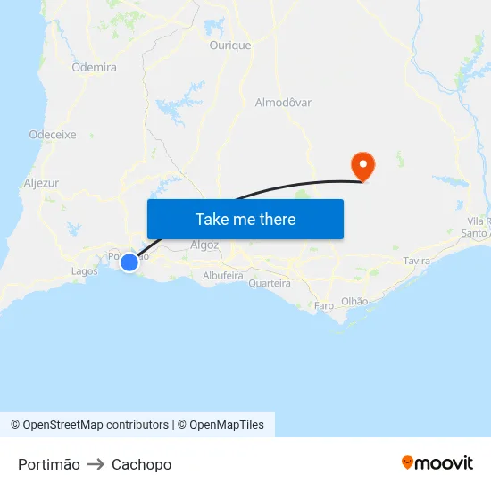 Portimão to Cachopo map