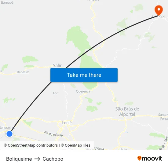 Boliqueime to Cachopo map