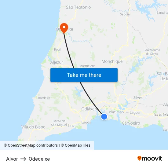 Alvor to Odeceixe map