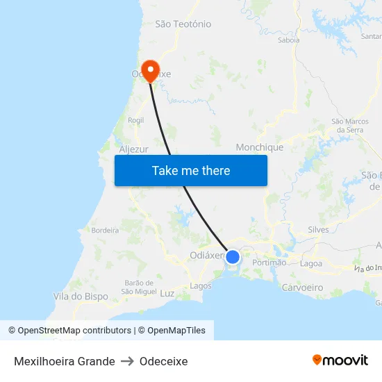 Mexilhoeira Grande to Odeceixe map