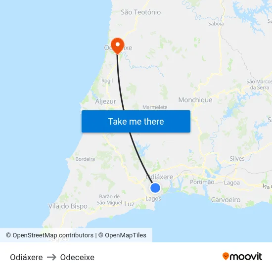 Odiáxere to Odeceixe map