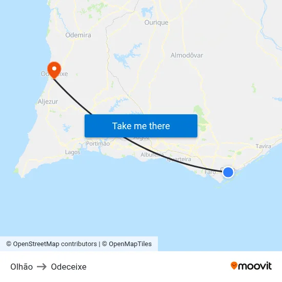 Olhão to Odeceixe map