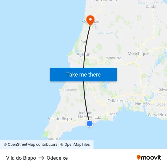 Vila do Bispo to Odeceixe map