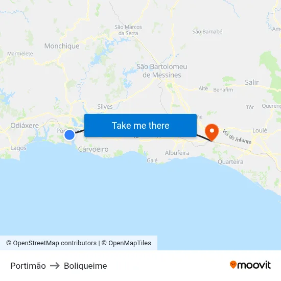 Portimão to Boliqueime map