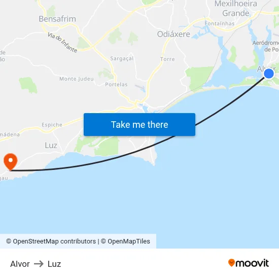 Alvor to Luz map