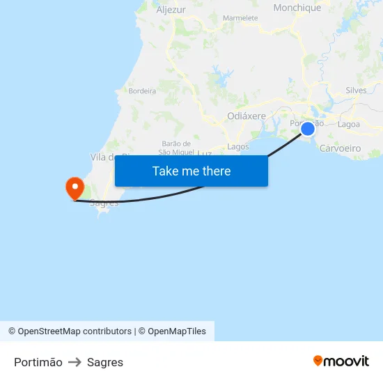 Portimão to Sagres map