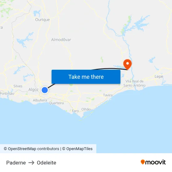 Paderne to Odeleite map
