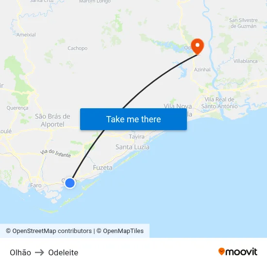 Olhão to Odeleite map