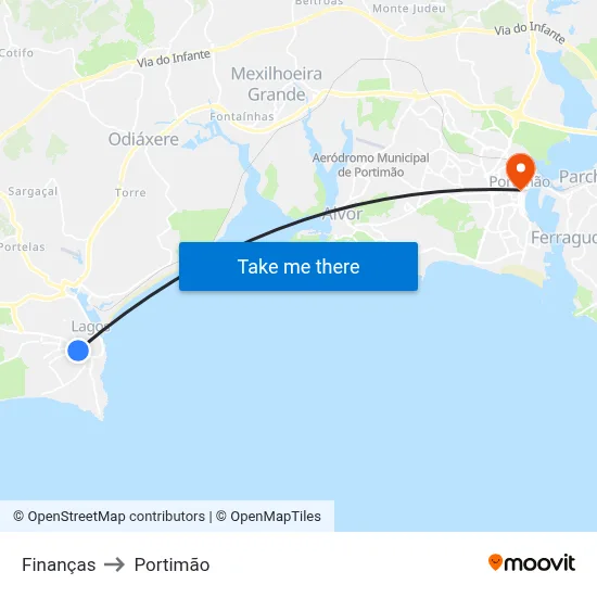 Finanças to Portimão map