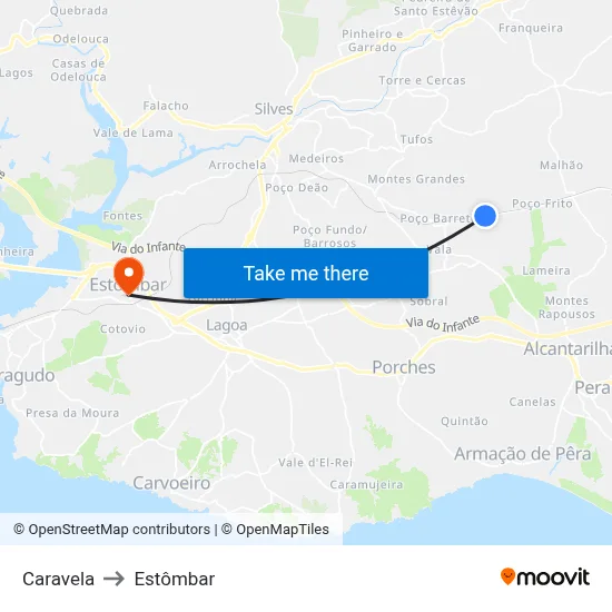Caravela to Estômbar map