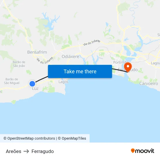 Areões to Ferragudo map