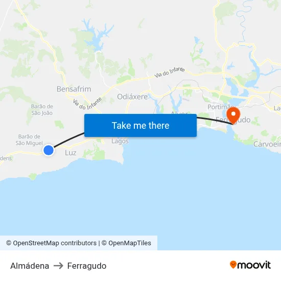 Almádena to Ferragudo map