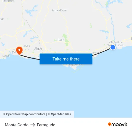 Monte Gordo to Ferragudo map