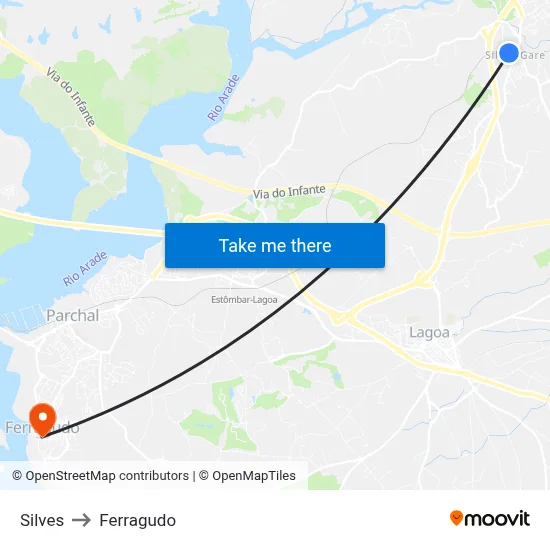 Silves to Ferragudo map