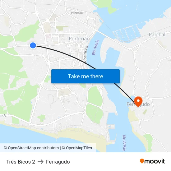 Três Bicos 2 to Ferragudo map