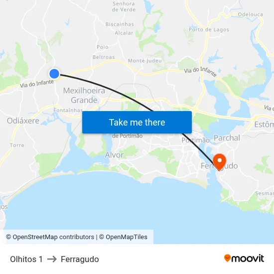 Olhitos 1 to Ferragudo map