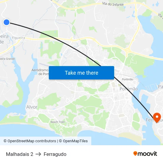 Malhadais 2 to Ferragudo map