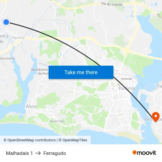 Malhadais 1 to Ferragudo map