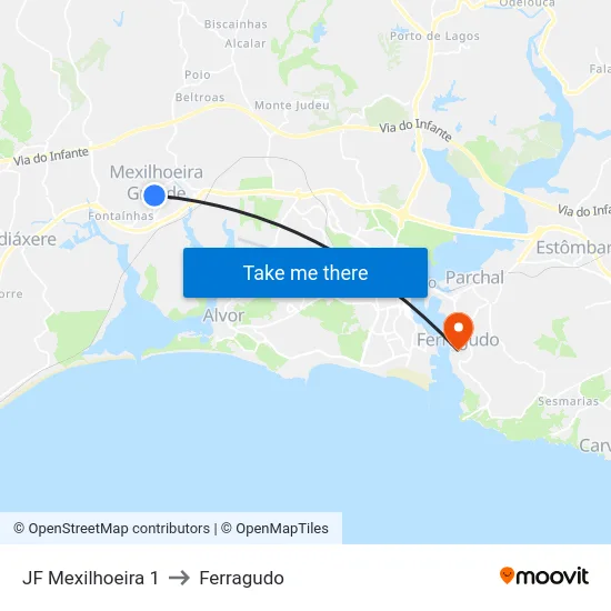 JF Mexilhoeira 1 to Ferragudo map
