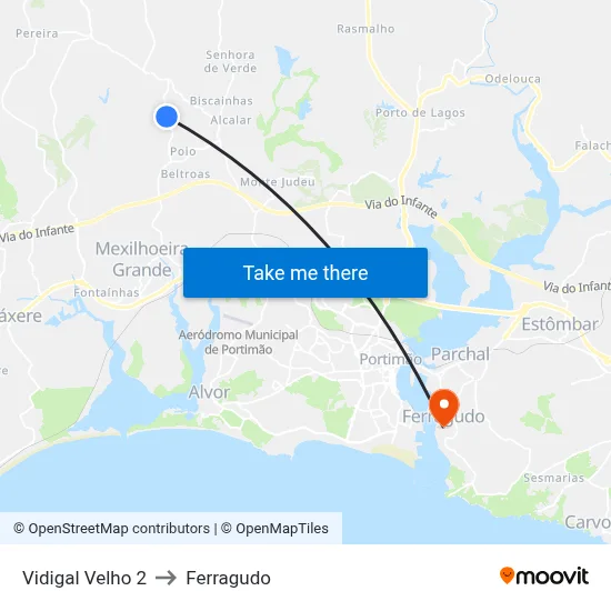 Vidigal Velho 2 to Ferragudo map