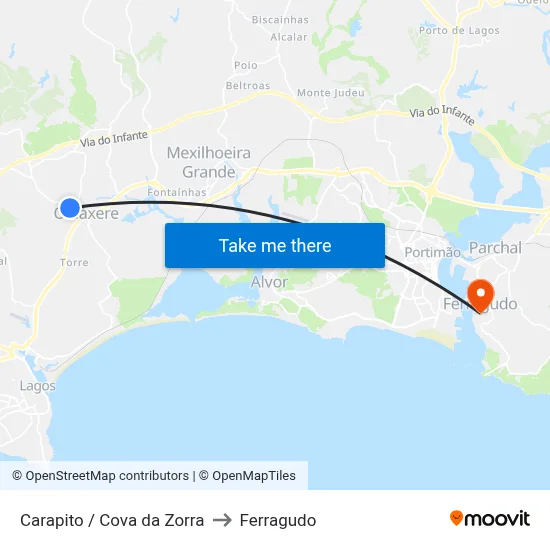 Carapito / Cova da Zorra to Ferragudo map