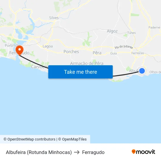 Albufeira (Rotunda Minhocas) to Ferragudo map