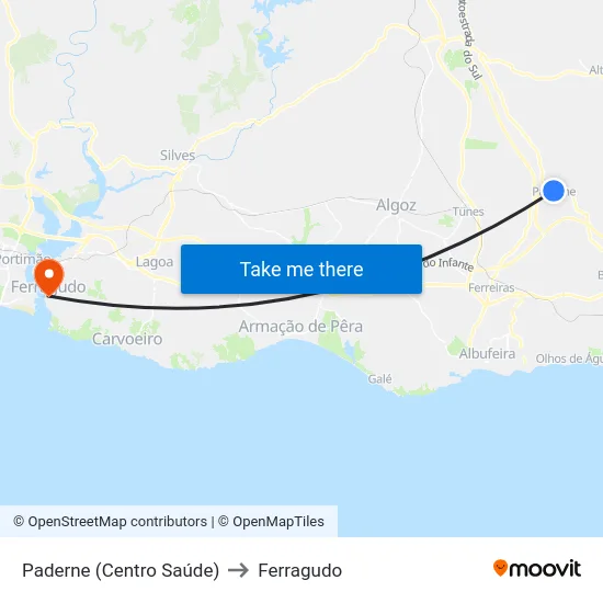 Paderne (Centro Saúde) to Ferragudo map