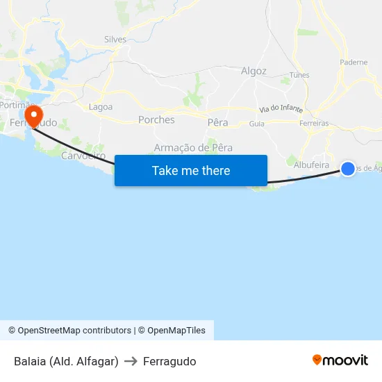 Balaia (Ald. Alfagar) to Ferragudo map