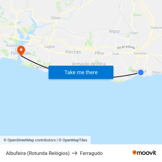 Albufeira (Rotunda Relógios) to Ferragudo map