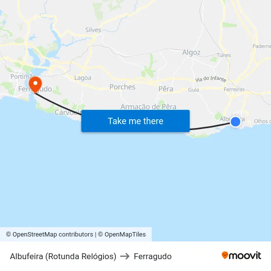 Albufeira (Rotunda Relógios) to Ferragudo map