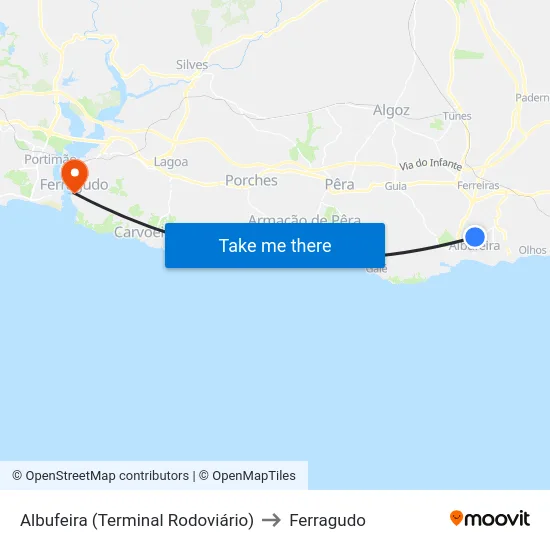 Albufeira (Terminal Rodoviário) to Ferragudo map