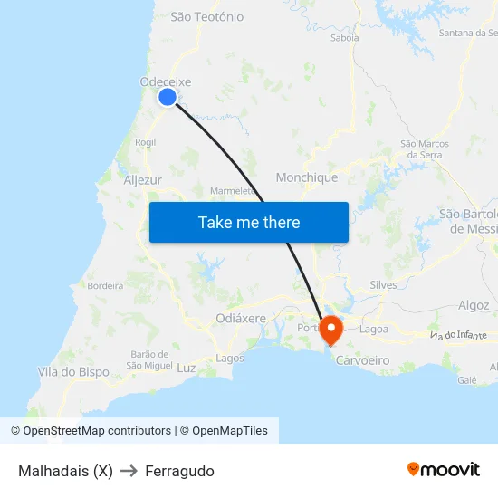 Malhadais (X) to Ferragudo map