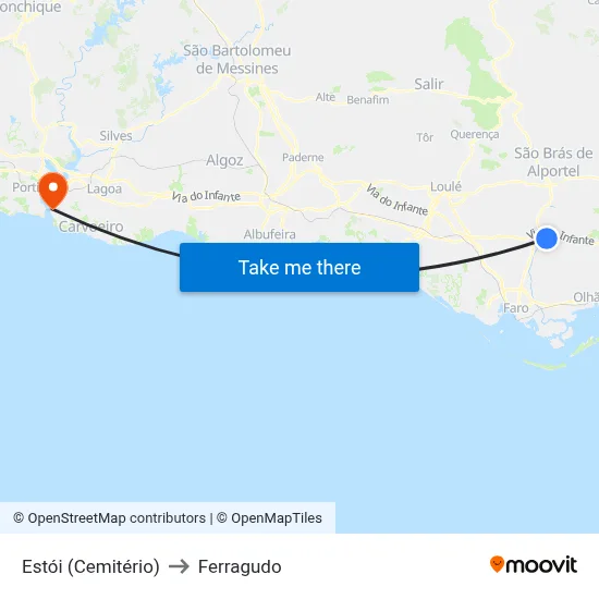 Estói (Cemitério) to Ferragudo map