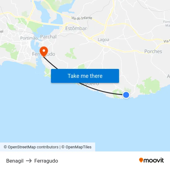 Benagil to Ferragudo map