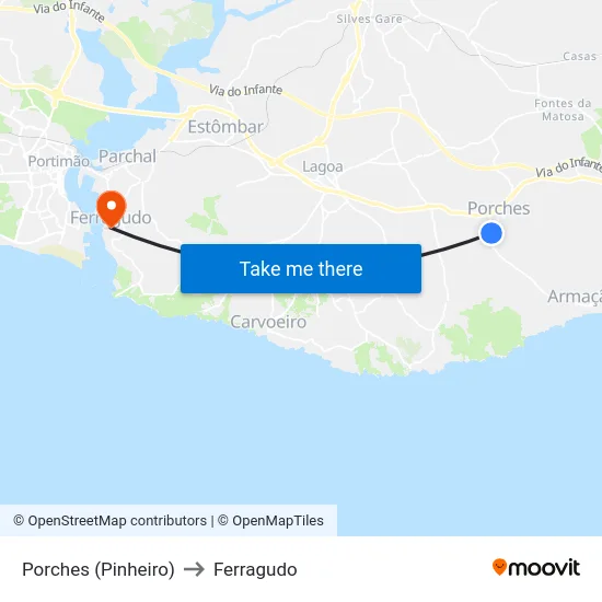 Porches (Pinheiro) to Ferragudo map