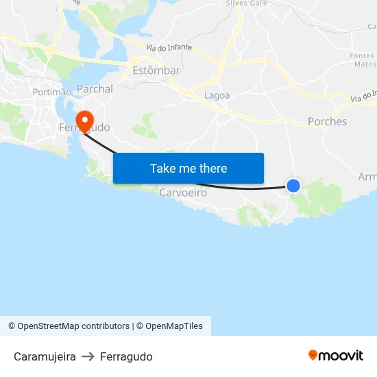 Caramujeira to Ferragudo map