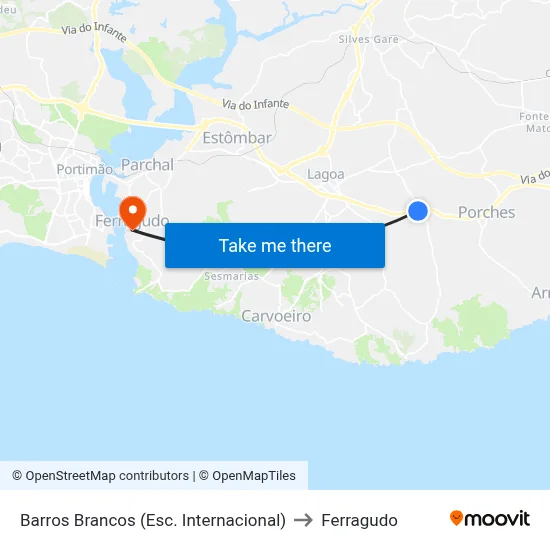 Barros Brancos (Esc. Internacional) to Ferragudo map