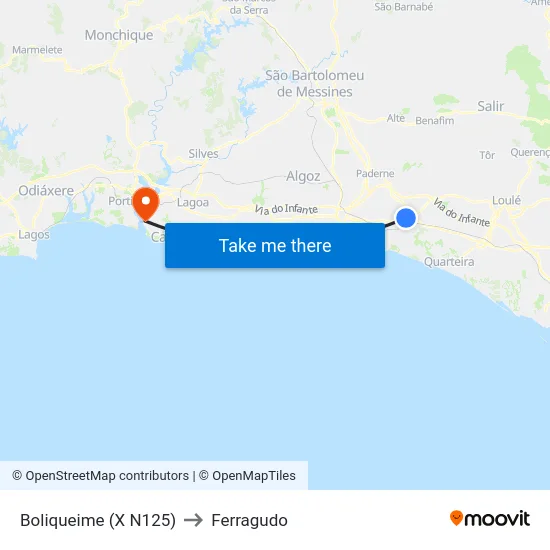Boliqueime (X N125) to Ferragudo map