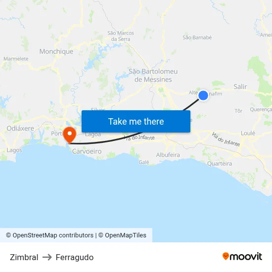 Zimbral to Ferragudo map