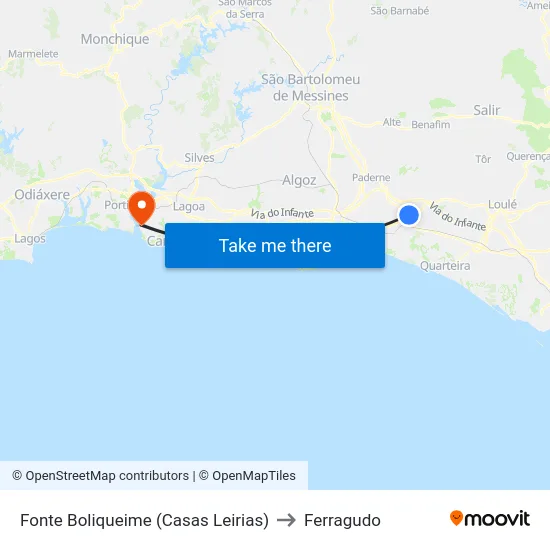 Fonte Boliqueime (Casas Leirias) to Ferragudo map