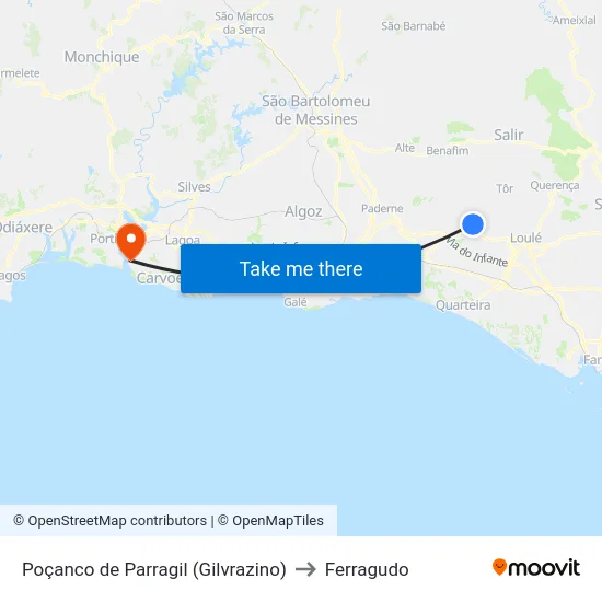 Poçanco de Parragil (Gilvrazino) to Ferragudo map