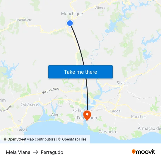 Meia Viana to Ferragudo map