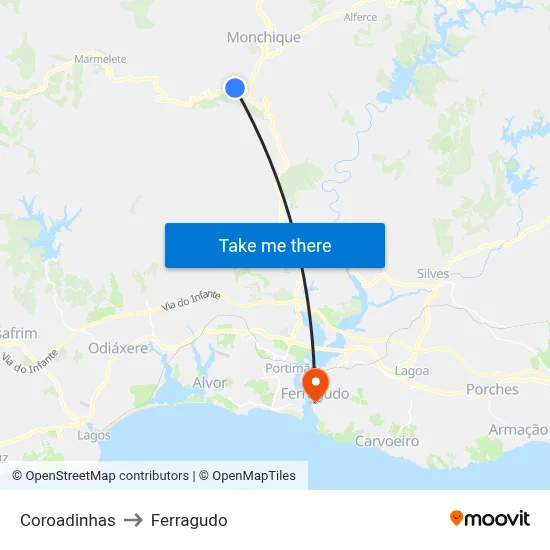 Coroadinhas to Ferragudo map