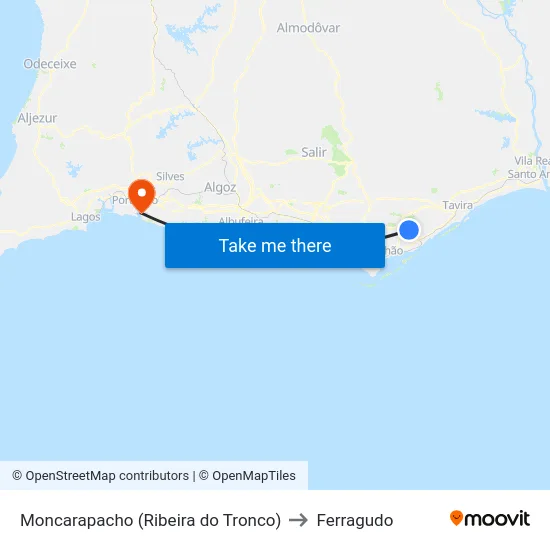 Moncarapacho (Ribeira do Tronco) to Ferragudo map