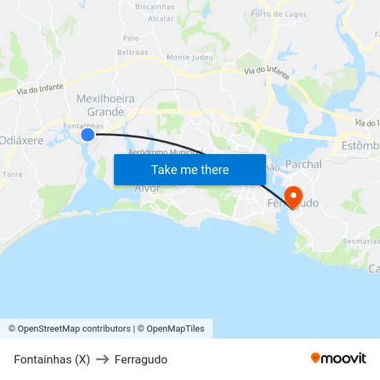 Fontaínhas (X) to Ferragudo map