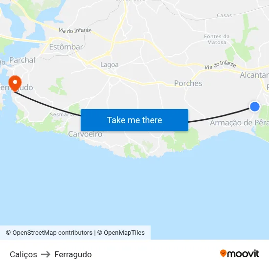 Caliços to Ferragudo map