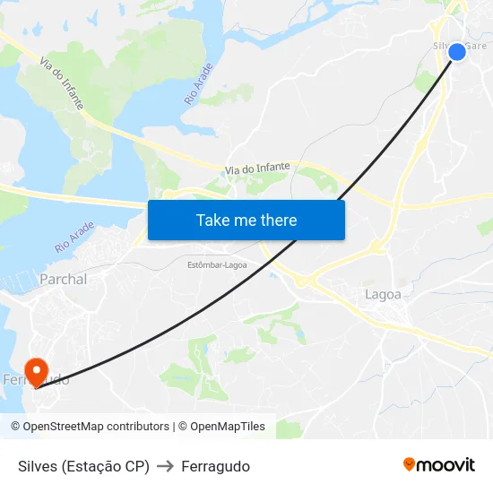 Silves (Estação CP) to Ferragudo map